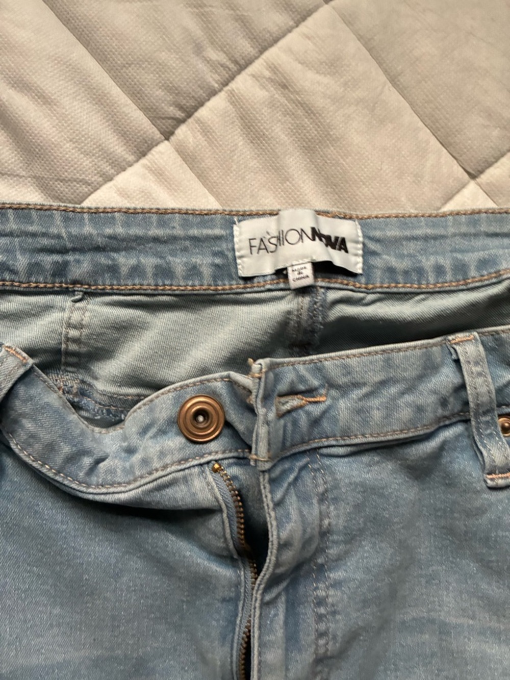 Fashion Nova Light Blue Denim Jeans with Gold Hardware Accents